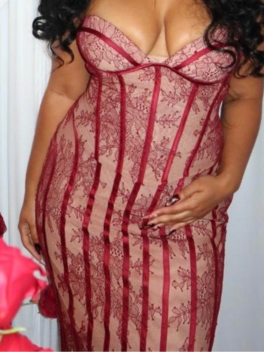 Burgundy Lace Corset Maxi Dress - Women